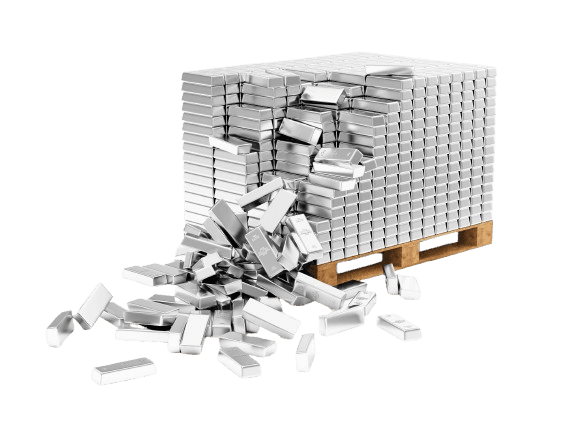 Stacked silver bars on a wooden pallet